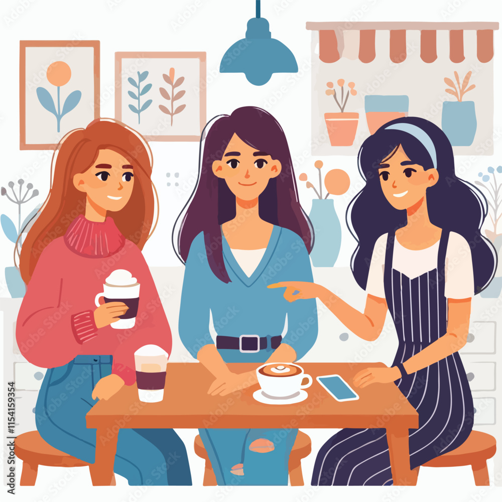 Flat young girl friends in cafe on meeting vector image vector on a white background Flat young girl friends in cafe on meeting vector image vector on a white background