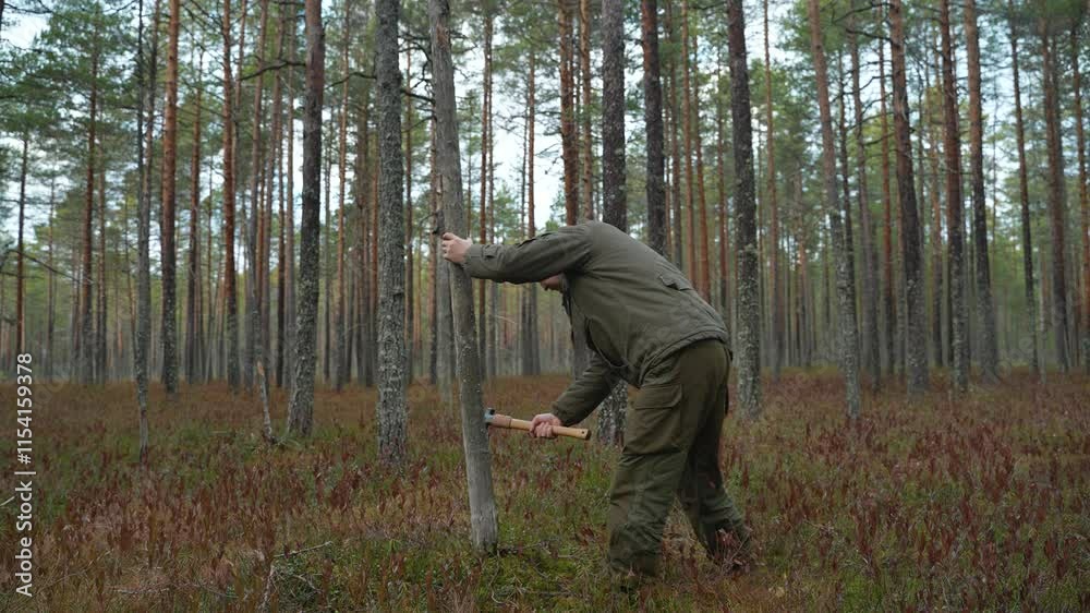 A forest worker chops down a tree. Removing aged trees from the forest. Getting firewood ready for the blaze A forest worker chops down a tree. Removing aged trees from the forest. Getting firewood ready for the blaze