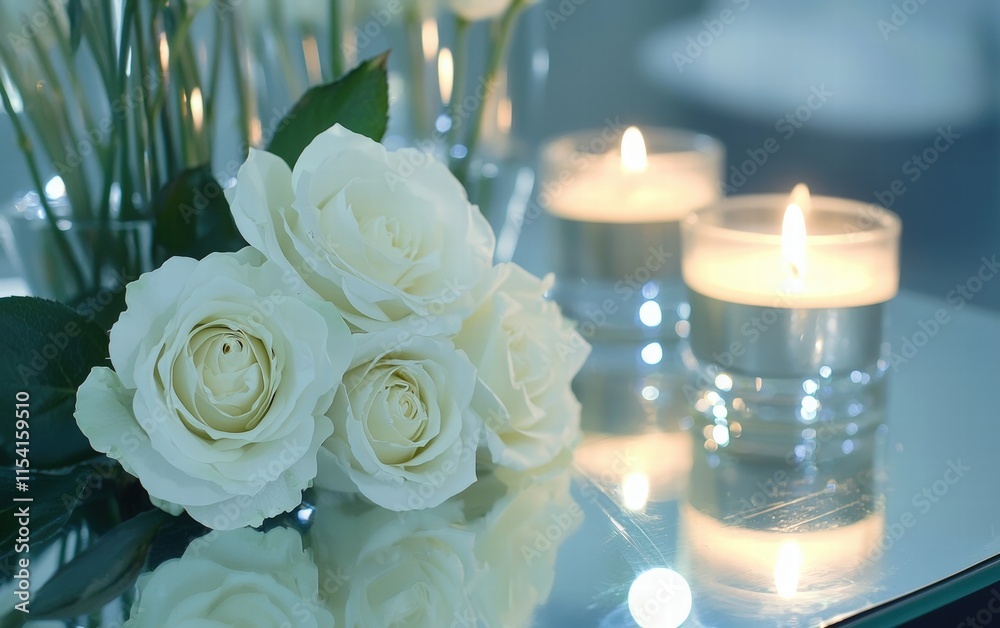 Elegant spa setup with white roses and a candle reflecting in a glass mirror Elegant spa setup with white roses and a candle reflecting in a glass mirror
