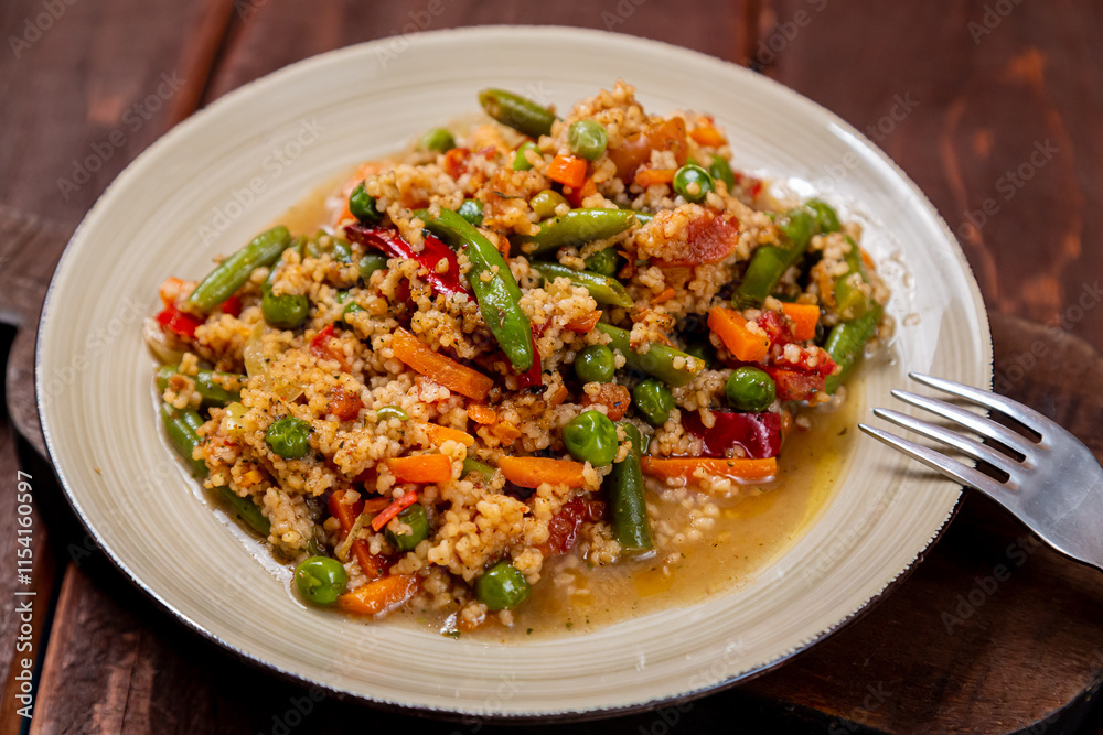 Couscous with vegetables in sauce in a plate on the table next to a fork Couscous with vegetables in sauce in a plate on the table next to a fork