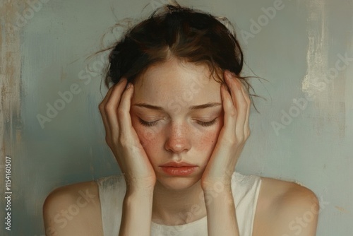 With head bowed and hands gently cradling her face, a young woman embodies the heaviness of depression on Blue Monday. Her expression conveys deep introspection and melancholy