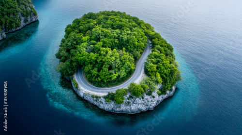 Scenic aerial view of a winding road on a lush green island surrounded by clear blue water