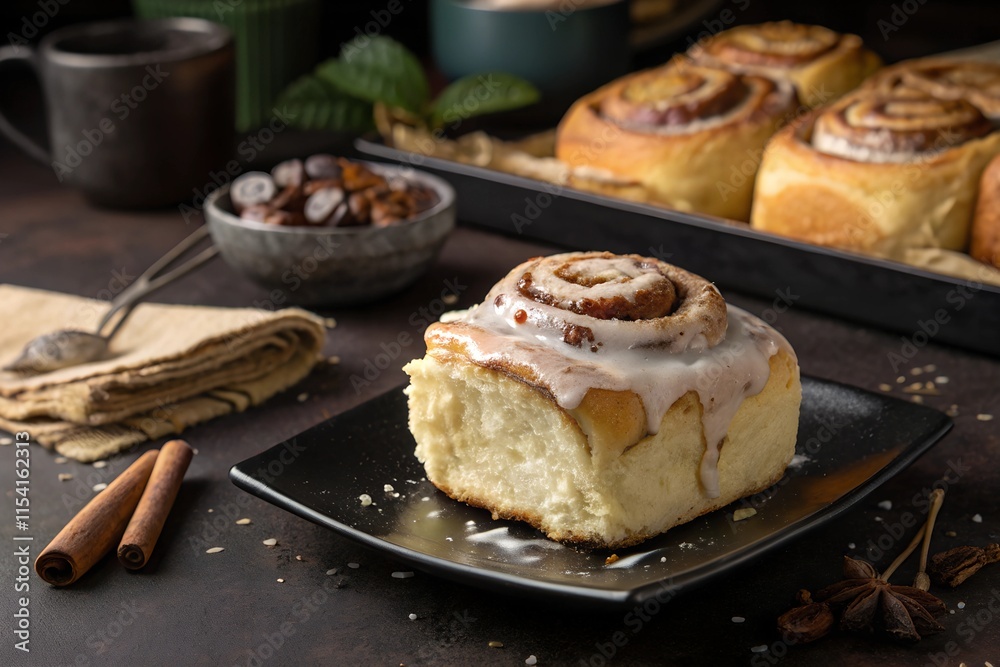 Cinnamon roll with icing glaze on dark table Cinnamon roll with icing glaze on dark table