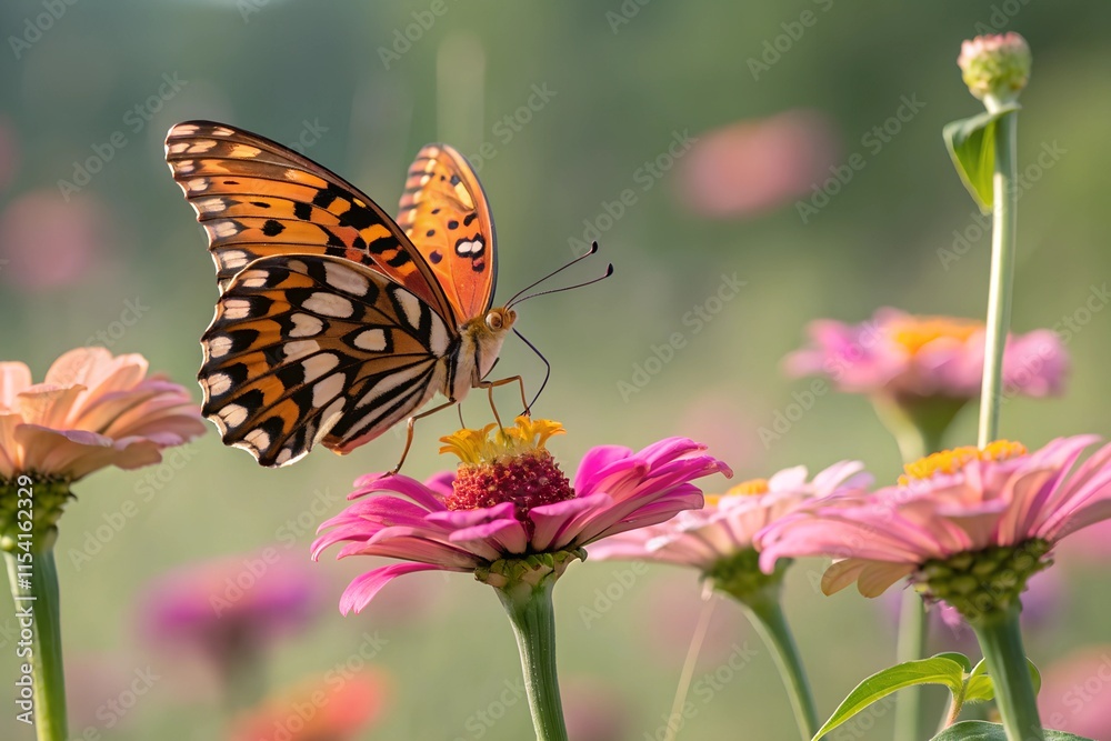 Closeup of beautiful butterfly on blooming spring summer flower Closeup of beautiful butterfly on blooming spring summer flower
