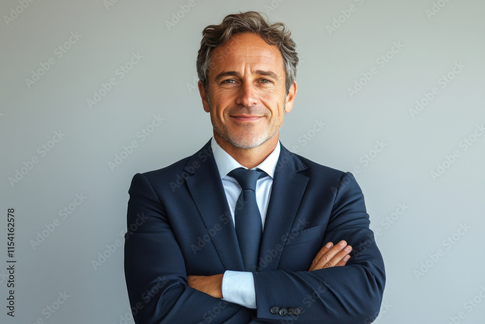 A man in a suit and tie standing with arms crossed, looking confident and assertive. A man in a suit and tie standing with arms crossed, looking confident and assertive.