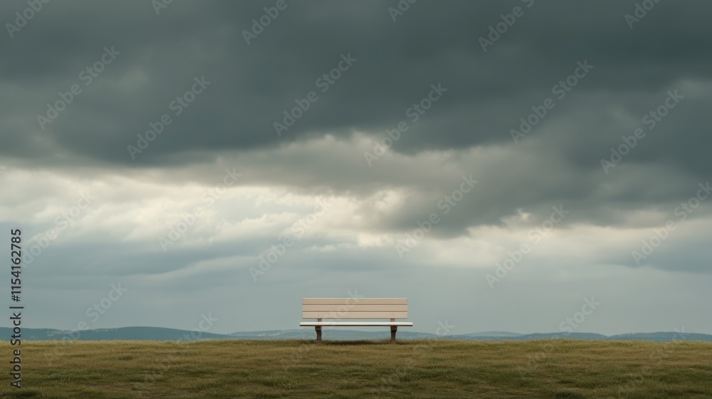 Obraz premium A solitary bench sits on a vast green field beneath heavy gray clouds, evoking feelings of loneliness and melancholy. The atmosphere resonates with the themes of Blue Monday