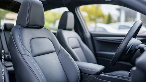 Modern car interior featuring leather seats and sleek dashboard design in a well-lit urban environment photo