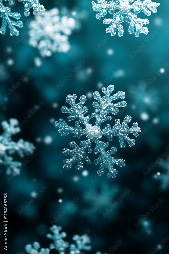 Swirling snowflakes in a cool turquoise hue floating against a darker blue background. Swirling snowflakes in a cool turquoise hue floating against a darker blue background.
