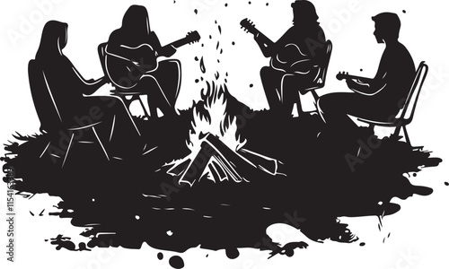 Group Singing Around a Campfire Silhouette Vector Illustration Graphic