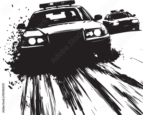 Grunge Police Car Chase Stylized Silhouette Vector Illustration Graphic