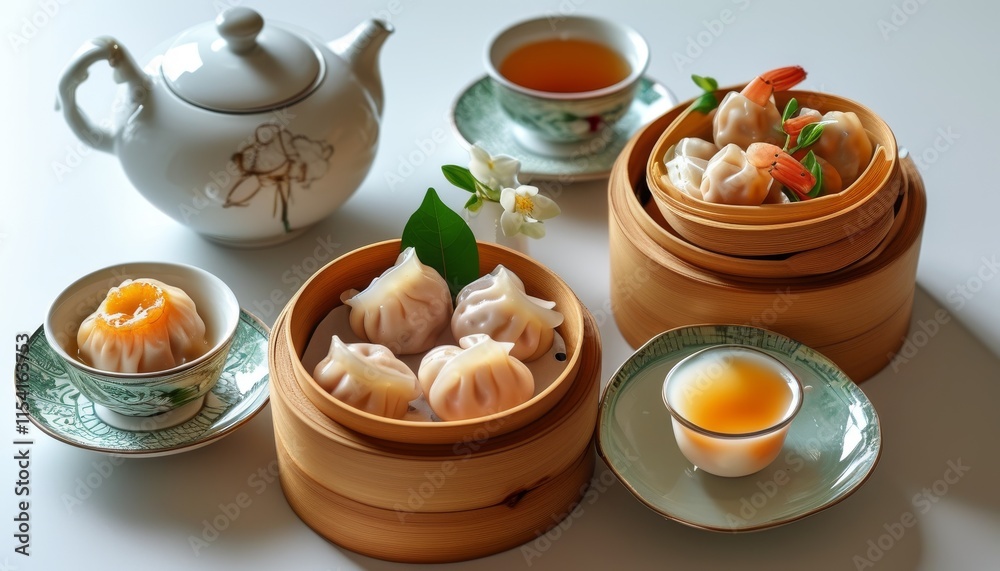 Elegant Dim Sum Breakfast Set with Steamed Pork Buns and Tea on a Minimalist Table Elegant Dim Sum Breakfast Set with Steamed Pork Buns and Tea on a Minimalist Table