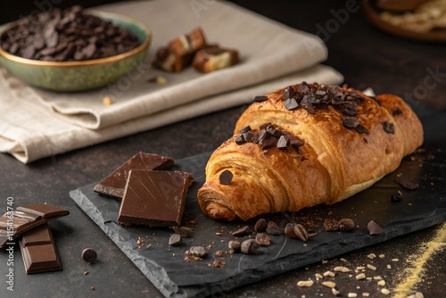 French croissant with shokolate on dark table photo