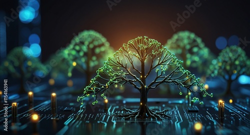 Glowing plant growing on computer chip representing digital ecology business , DNA, RNA, flower, tree, plant, viruse, and blurred background	