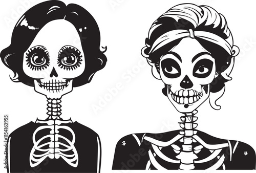 Halloween Women Skeletons Stylized Vector Illustration Graphic