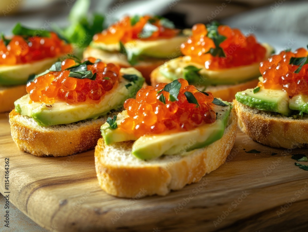 Wooden cutting board with red caviar and bread Wooden cutting board with red caviar and bread
