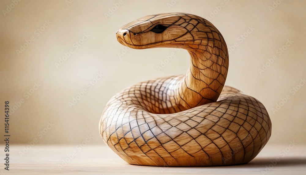 Fototapeta premium A beautifully crafted wooden snake sculpture against a beige backdrop, ideal for showcasing products during Chinese New Year 2025, Year of the Wooden Snake.