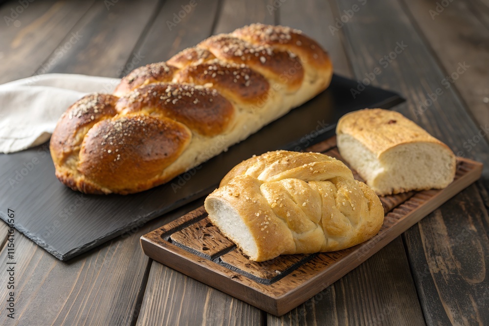 Plaited bun, braided sweat yeast bread on wooden dark table Plaited bun, braided sweat yeast bread on wooden dark table