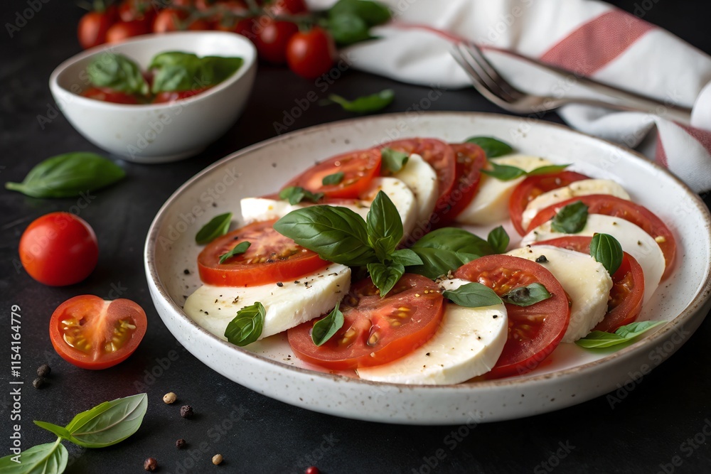 Tomato mozzarella salad on plate on dark table Tomato mozzarella salad on plate on dark table