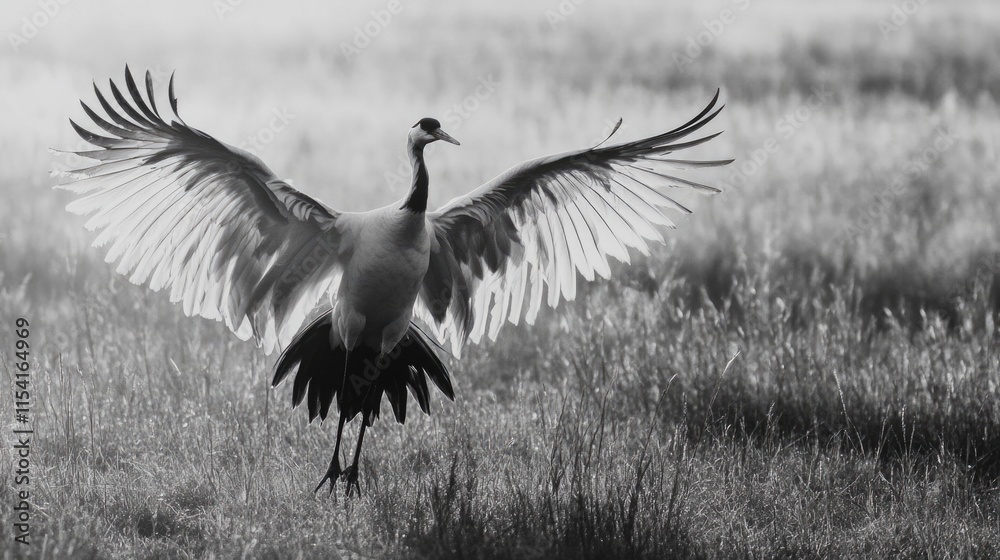 Fototapeta premium Crane Spreads Wings Black White Photo