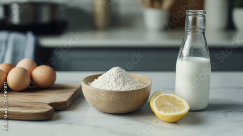 Fresh ingredients arranged for baking with flour, eggs, lemon, and milk on a kitchen countertop