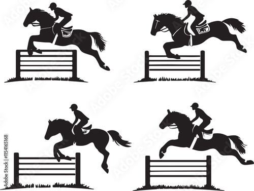 Horse and Jockey Jumping Fences Silhouette Set Vector Illustration Graphic