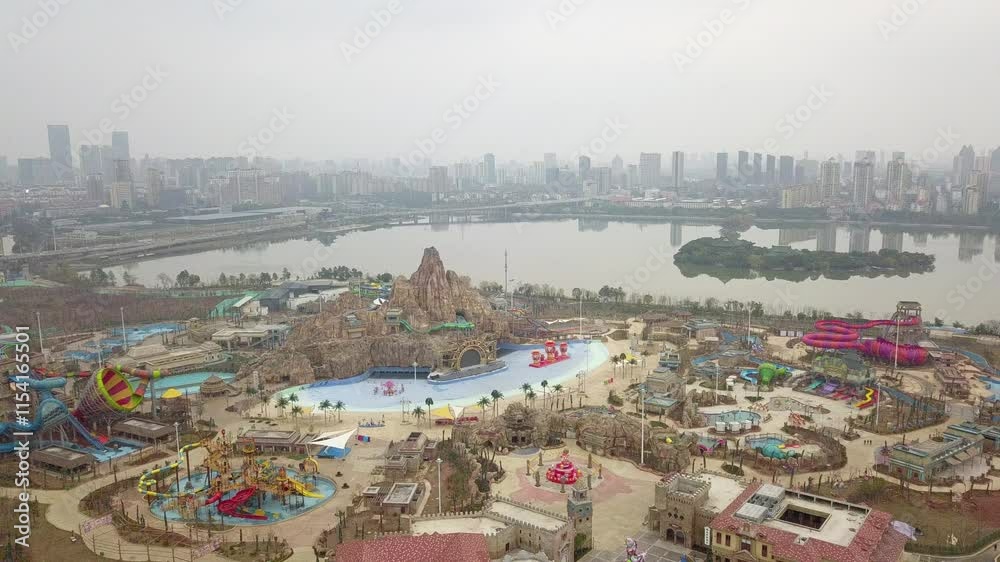 Winter aerial view of Maya Paradise water park in Nanchang showcasing attractions and landscape Winter aerial view of Maya Paradise water park in Nanchang showcasing attractions and landscape