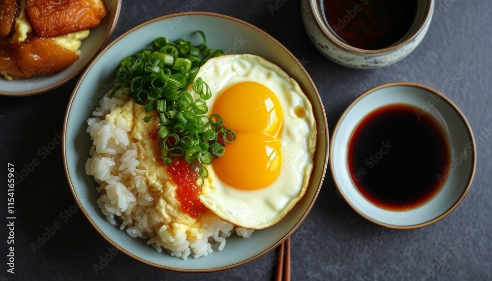 Delicious Egg and Rice Dish with Green Onion and Garnishes in Decorative Bowl Delicious Egg and Rice Dish with Green Onion and Garnishes in Decorative Bowl