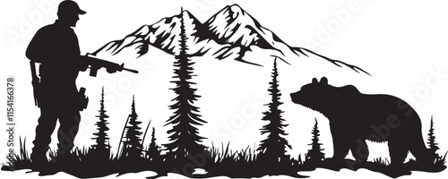 Hunter and Bear Wilderness Silhouette Vector Illustration Graphic