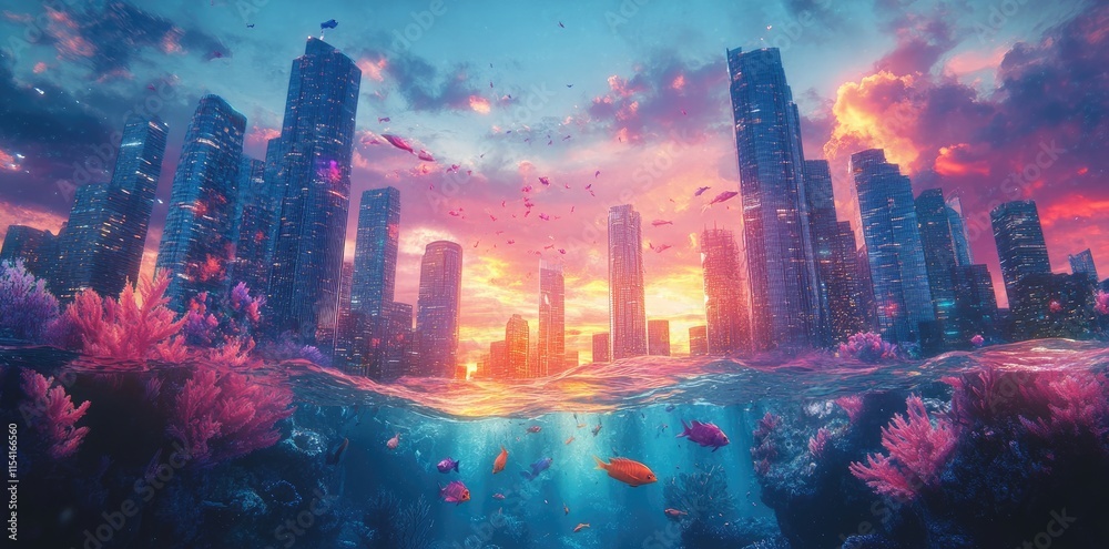 Obraz premium A Submerged Cityscape At Sunset With Colorful Fish