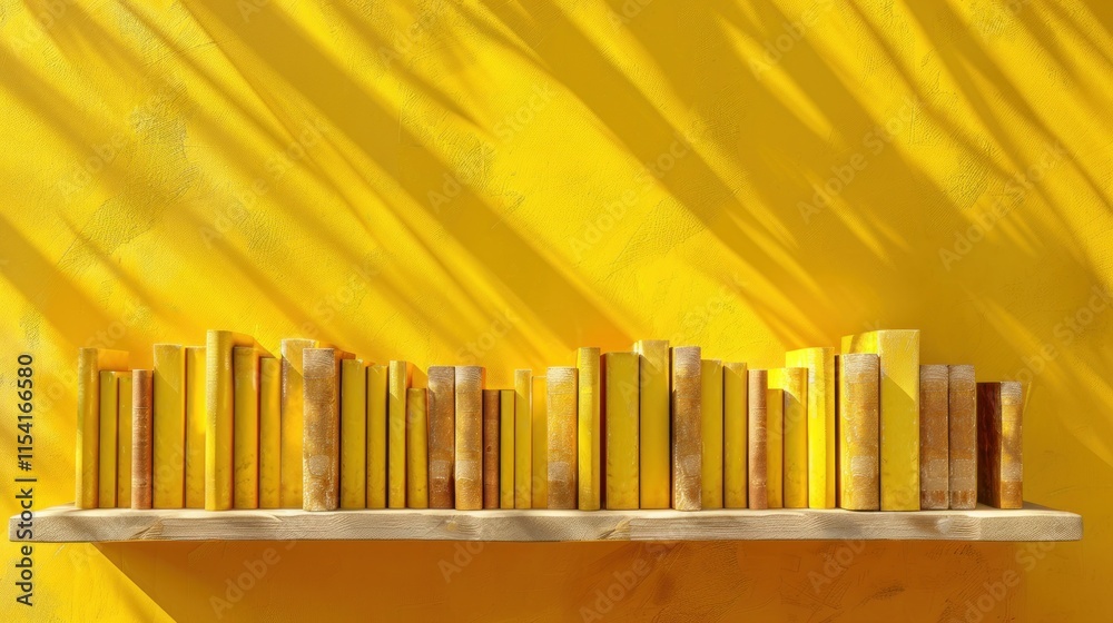Obraz premium Yellow books on wooden shelf against yellow wall with sunlight shadows.