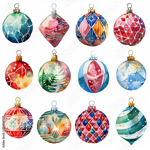 Watercolor colorful hand-painted Christmas balls, decorated in the form of a grid, with various drawings and details of it on a white background.