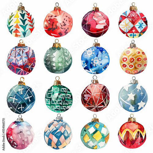 Watercolor colorful hand-painted Christmas balls, decorated in the form of a grid, with various drawings and details of it on a white background.