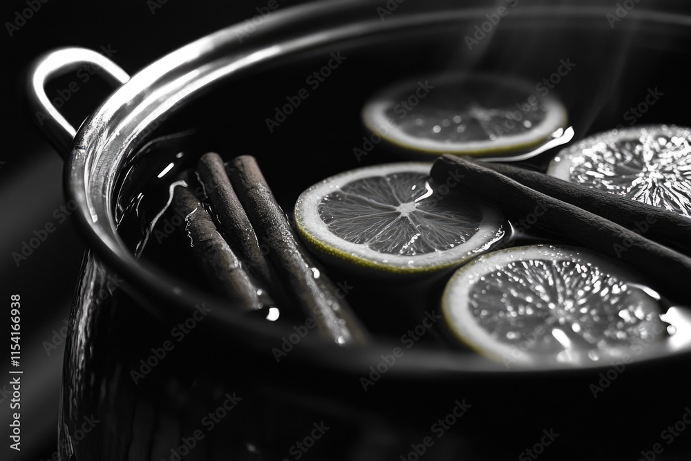Fototapeta premium Pot of Lemon Slices and Cinnamon Sticks