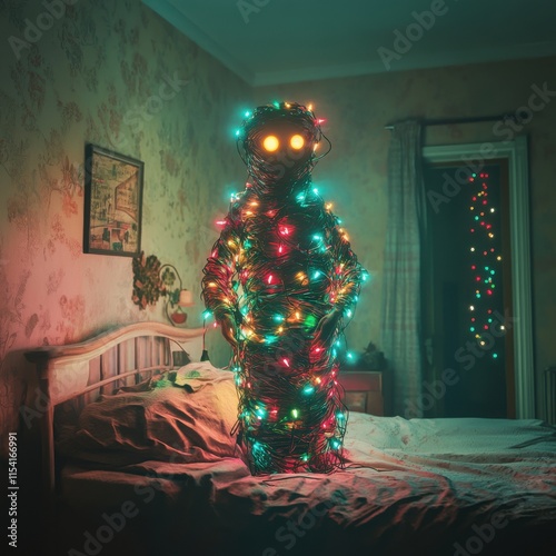 A creepy glowing-eyed creature wrapped in colorful Christmas lights. Combines mystery, holiday cheer, and imaginative wonder.