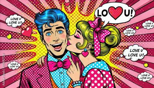 Retro pop art couple sharing a romantic moment in vibrant colors