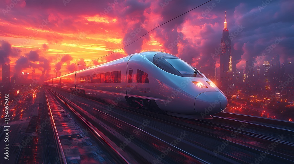Fototapeta premium High-speed train speeding through futuristic city at sunset.