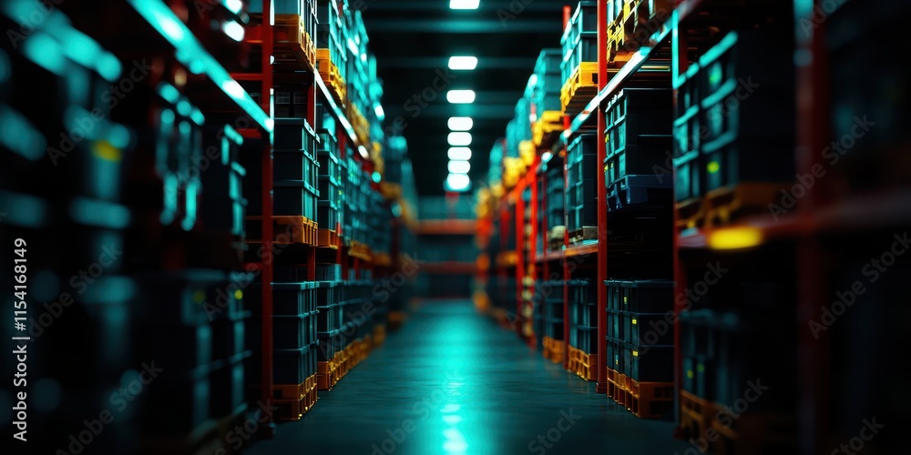 A dimly lit warehouse aisle lined with shelves filled with boxes, creating a sense of depth and industrial ambiance. A dimly lit warehouse aisle lined with shelves filled with boxes, creating a sense of depth and industrial ambiance.