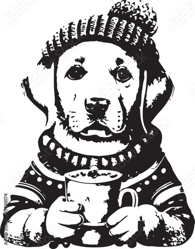 Labrador Dog with Hot Chocolate Mug Stencil Silhouette Vector Illustration Graphic