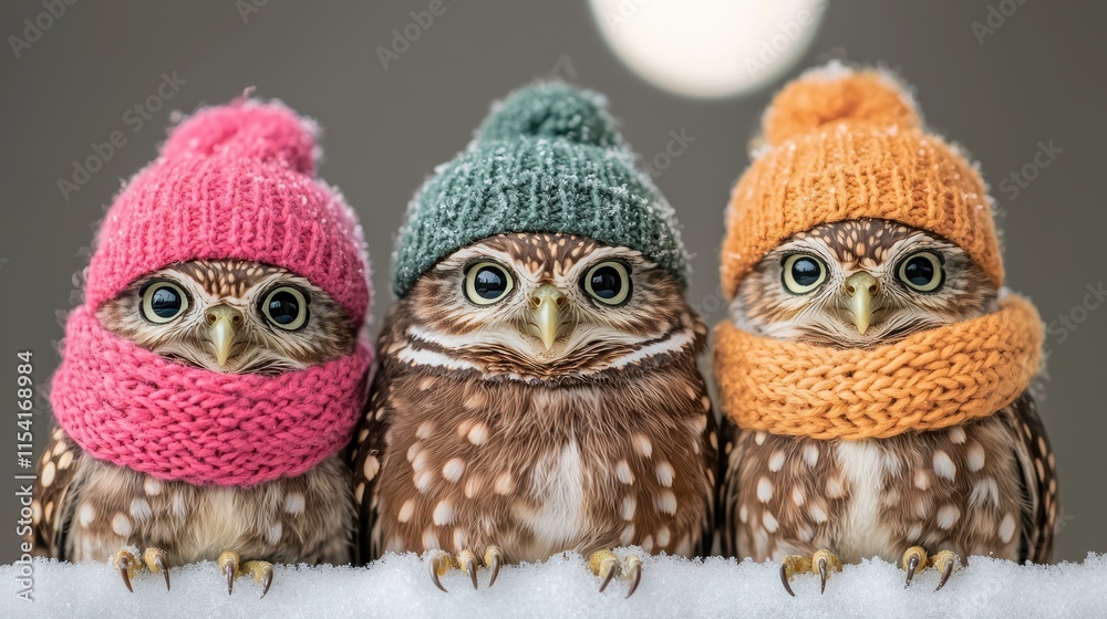 Fototapeta premium Three adorable owls wearing colorful knitted hats and scarves, standing together against a soft background.