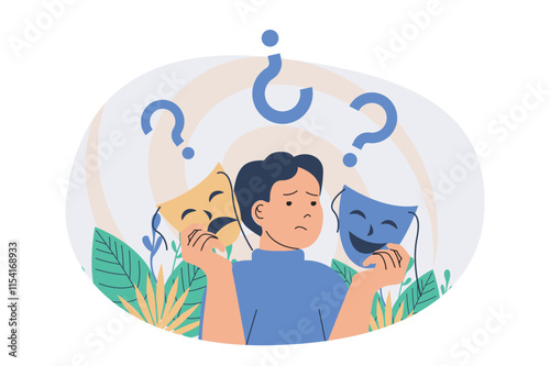 Mental health problem web concept with flat cartoon people for website design. Man with upset and sad mind holds theatre masks and imitating roles, needing psychotherapy therapy. Vector illustration.