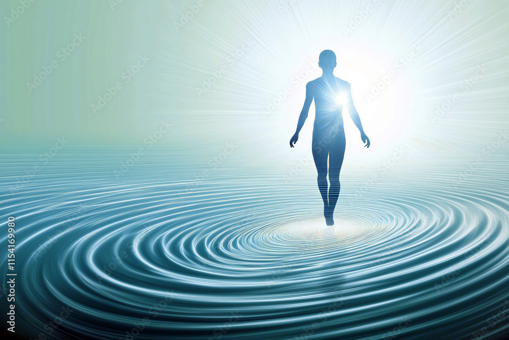 Simplified visual concept of a human aura represented as radial waves in a serene blue gradient, clean minimalist design. Simplified visual concept of a human aura represented as radial waves in a serene blue gradient, clean minimalist design.