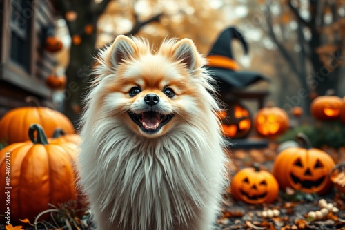 araffe dog standing in front of a pile of pumpkins photo