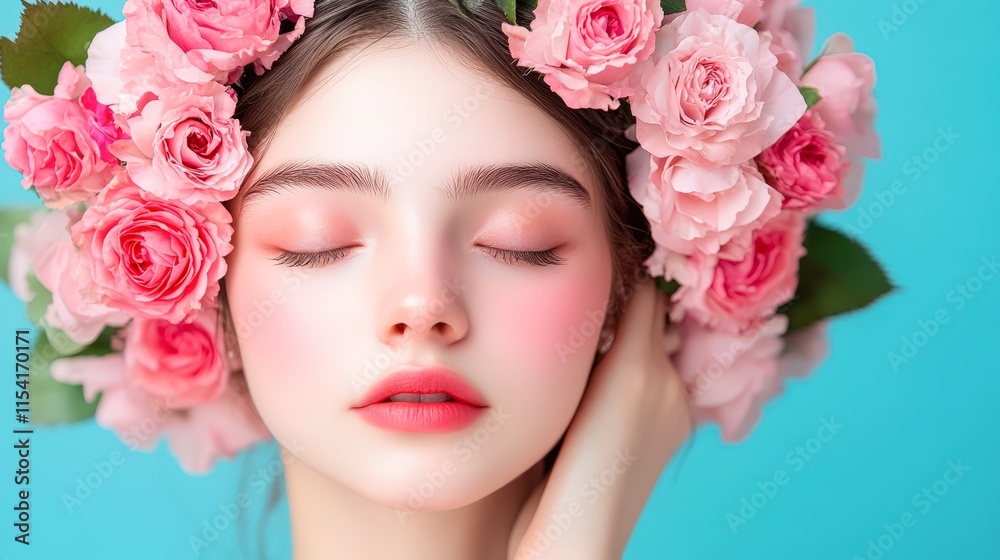 A serene close-up of a woman with a floral crown made of pink roses, against a vibrant blue background, is ideal for beauty, fashion, and wellness-related projects A serene close-up of a woman with a floral crown made of pink roses, against a vibrant blue background, is ideal for beauty, fashion, and wellness-related projects