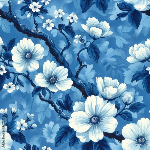A floral pattern featuring blue and white flowers against a blue background.
