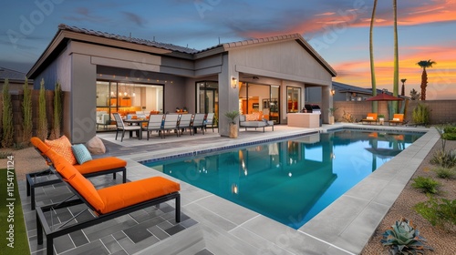 Modern luxury home with pool at sunset.