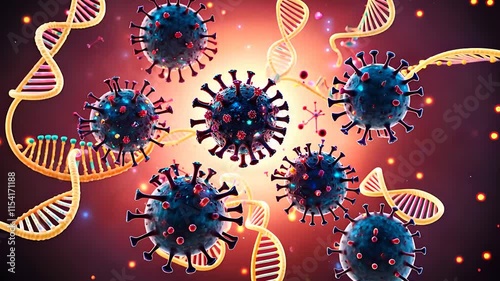 Microscopic View of Viruses with DNA Strands on a Vibrant Scientific Background Depicting Molecular Biology Concepts

 photo