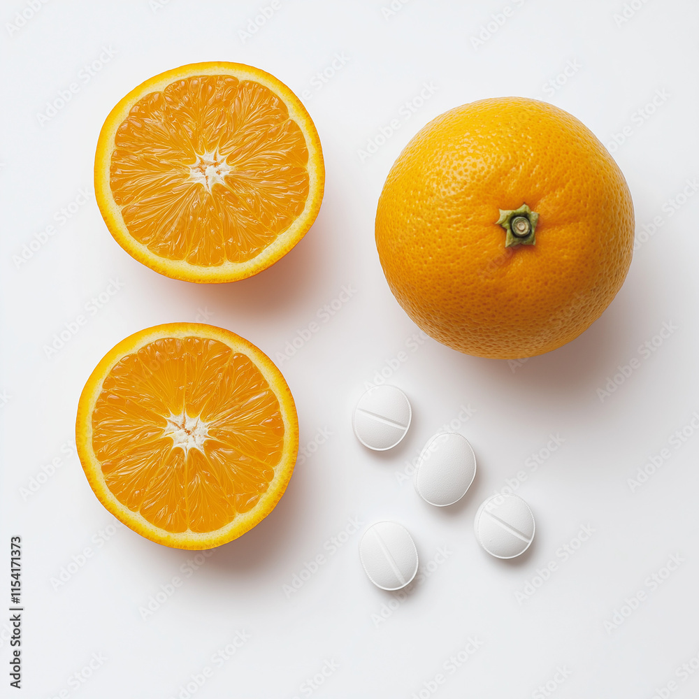 Fototapeta premium Whole and sliced orange with white vitamin tablets