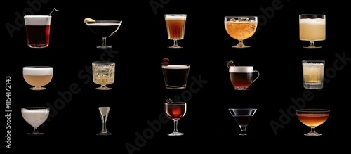 Assorted cocktails and beverages displayed elegantly on a black background showcasing vibrant colors and diverse drink presentation. photo