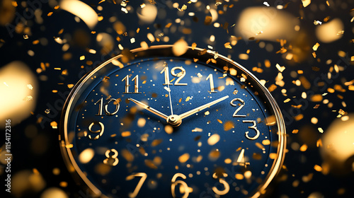 Midnight blue New Year countdown clock surrounded by golden confetti, festive and celebratory design for 2025 photo