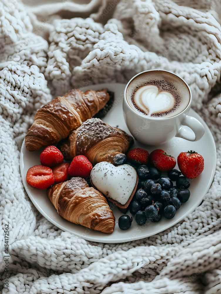 A cozy breakfast spread featuring croissants, berries, and a heart-shaped latte. A cozy breakfast spread featuring croissants, berries, and a heart-shaped latte.